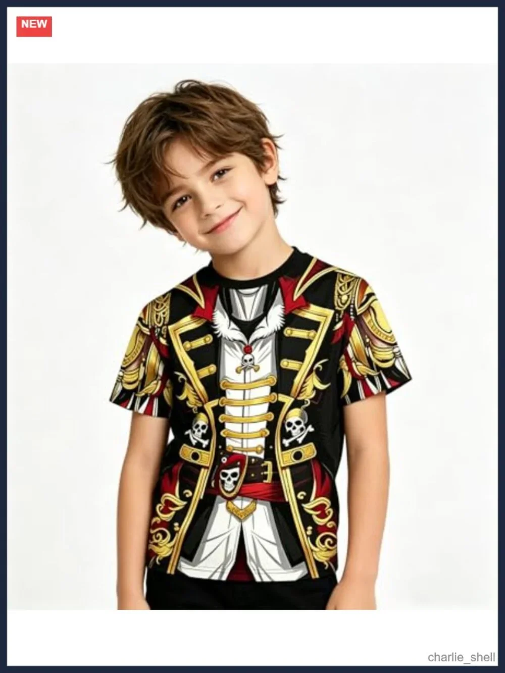 Boys Captain Pirate T-Shirt Costume Polyester Crew Neck Halloween Cosplay